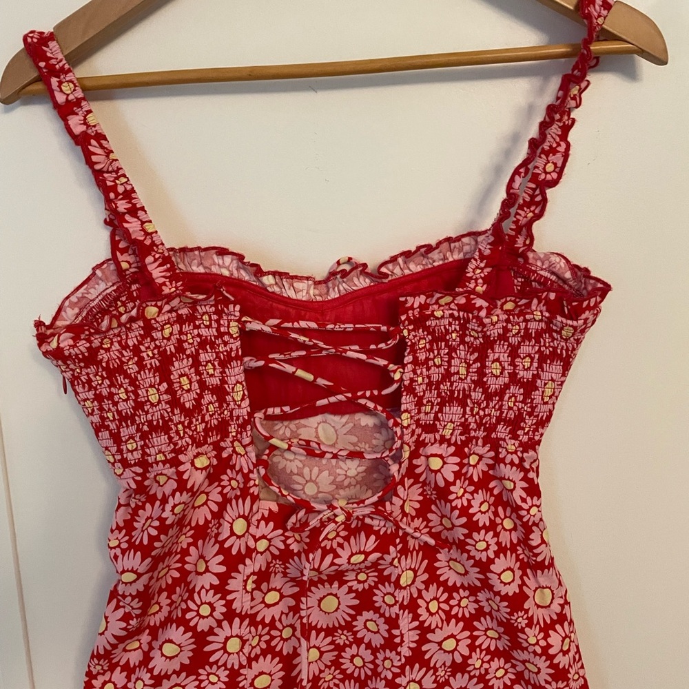 Free People Lucinda Tomato Daisy Midi Dress Lace Up Back Size M Spaghetti Straps - Picture 10 of 13